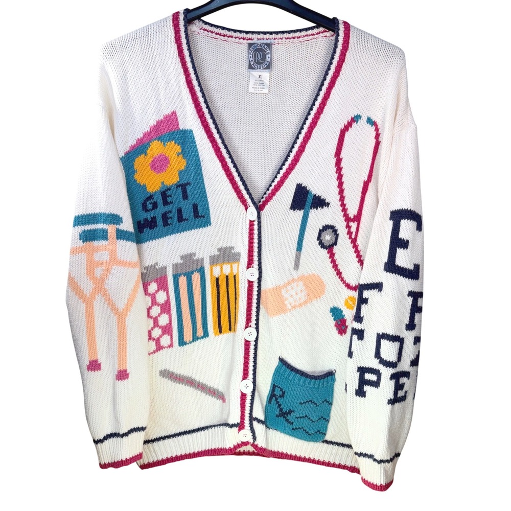 Vintage Cardigan Sweater Womens XL White Medical Nurse Doctor Eye Button Chunky